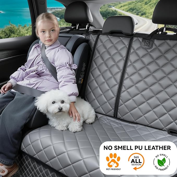 Dog Car Seat Cover for Back Seat, Waterproof Back Seat Covers for Dogs, PU Leather Nonslip Bench Car Seat Protector Universal Fit for Most Vehicles,SUVs,Small Trucks (Grey, Standard)
