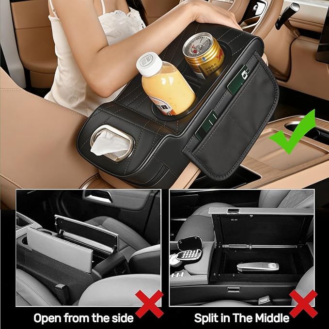Upgrade Multifunctional Car Armrest Cushion,Center Console Cover with 2 Cup Holder,Arm Rest Cover for Car,Car Armrest Storage Box, Car Accessories Center Console Organizers for Most Cars