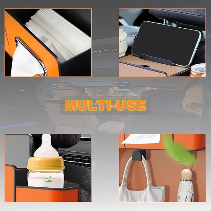 Car Back Seat Organizer, Multifunctional Car Seat Back Storage Box with 2 Cup Holders, Tissue Box for Hold Phones,Snacks, Drinks, Handbags (Beige)