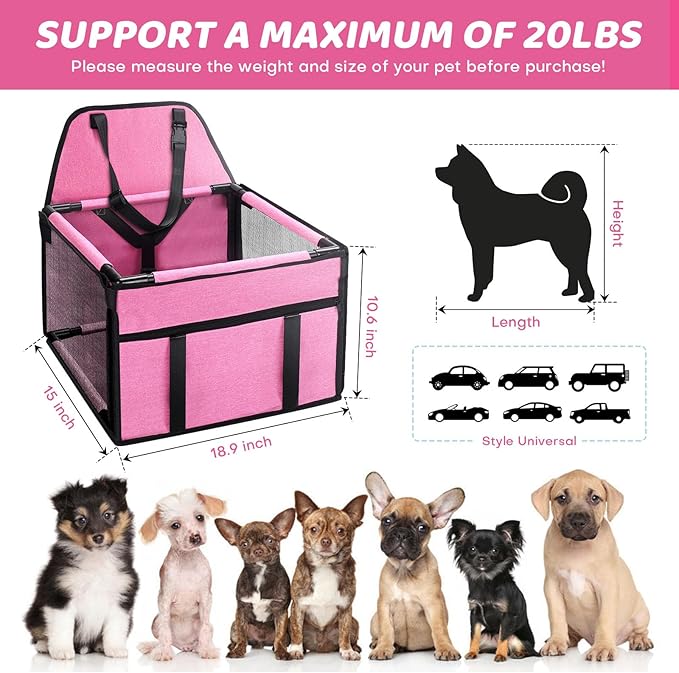 GENORTH Dog Car Seats for Small and Medium Dogs,Portable Puppy/Pet Car Booster Seat with Clip-On Leash and Mesh Window for Pet Up to 20 lbs