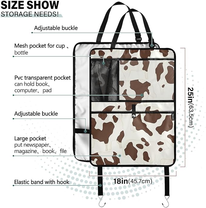 Brown Cow Print 2 Pack Backseat Car Organizer with Storage Pockets Seat Back Organizers for Kids Kick Mats Backseat Protector Automotive