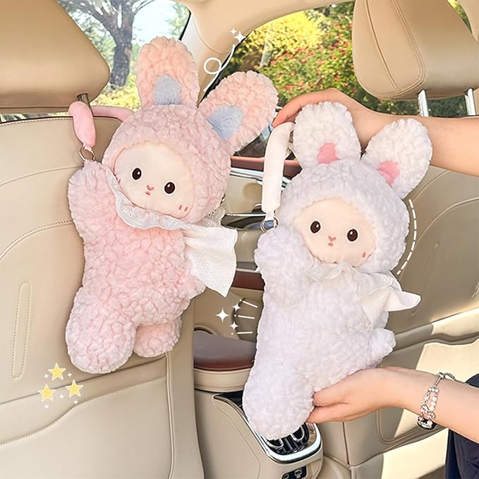 Car Tissue Holder Plush Animal Paper Towel Box Cute Rabbit Hanging Backseat Organizer for Cars Adorable Decorative Tissue Dispenser (White Rabbit)