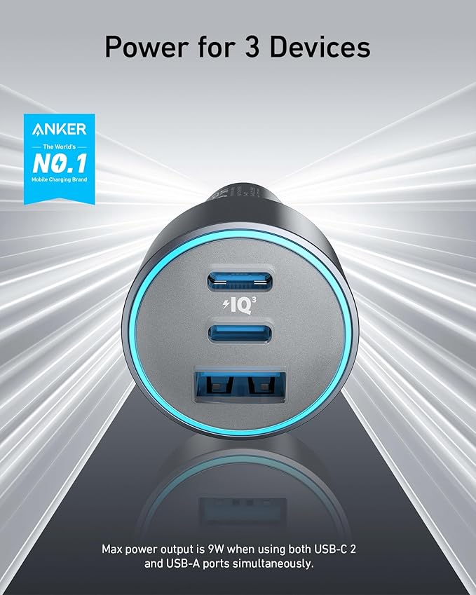 Anker USB-C Car Charger, iPhone 17 Car Charger, 67W 3-Port Compact Fast Charger, 535 Car Adapter with PIQ 3.0 for iPhone 17/16/15/14 Series, Galaxy S25/24/23, MacBook, iPad, and More (Cable Included)