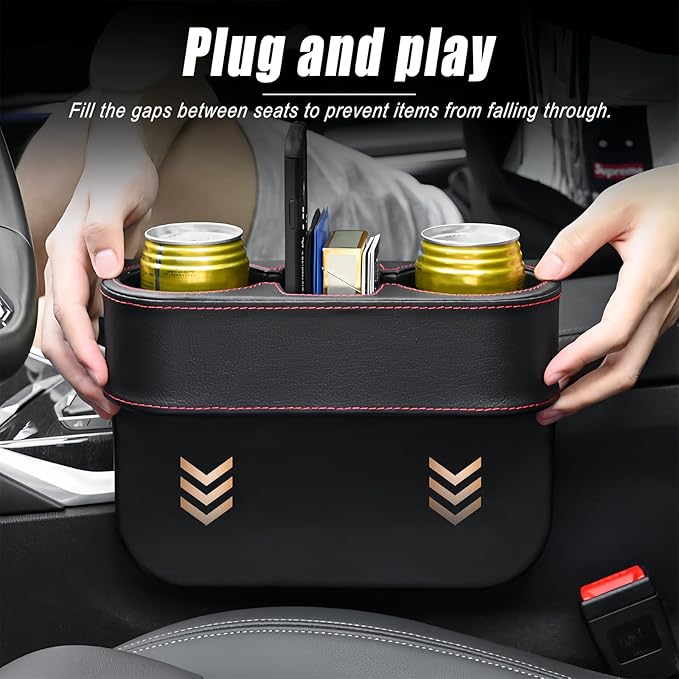 Car Cup Holder for Seat Gap Filler, PU Leather Car Seat Gap Filler Organizer Storage Box, Multifunctional Automotive Interior Accessory with Cupholder & Phone Holder (Black)