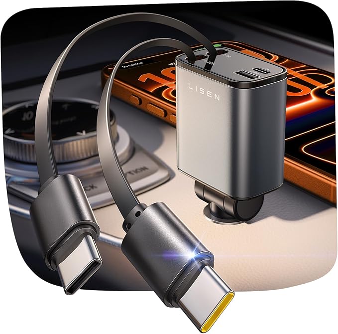 LISEN Retractable Car Charger USB C [Upgraded Dual Type C] 75W Fast 4 in 1 Car Charger for iPhone 17, Road Trip Essentials Gifts for Men Women, Car Accessories for Galaxy S26 Phone 17 Pro Max 16 15
