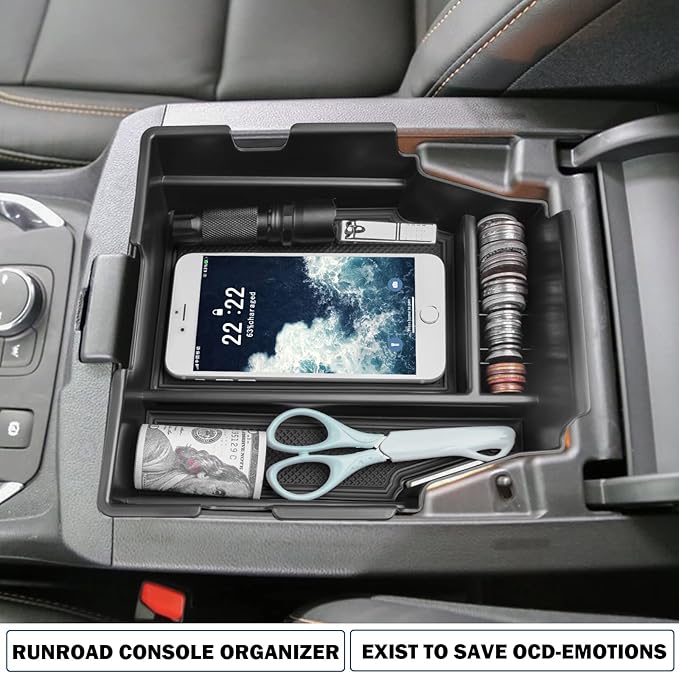 RUNROAD Center Console Organizer Tray Compatible with Chevy Traverse 2018-2021 2022 2023 Accessories, Insert Secondary Storage Box ABS Material Armrest Tray Black