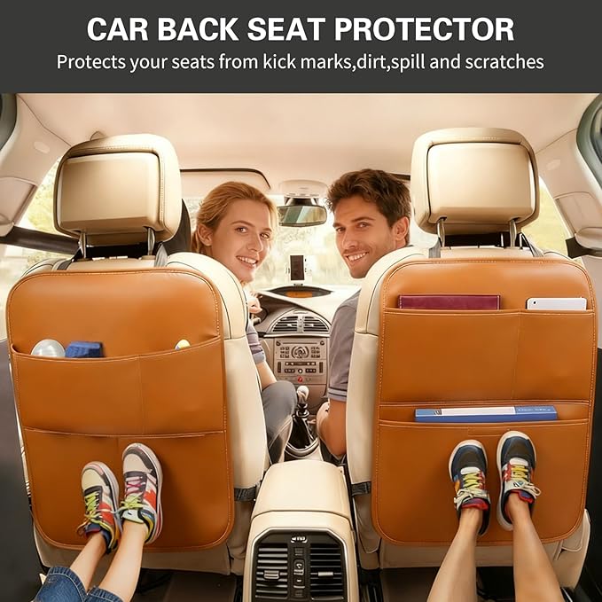 Kick Mat Back Seat Protector， Waterproof Leather Car Seat Back Organizers Cover with 3 Storage Pockets for Kids Pets SUV Sedan Minivan Truck Car Travel Accessories (Cayenne Yellow 2-pack)