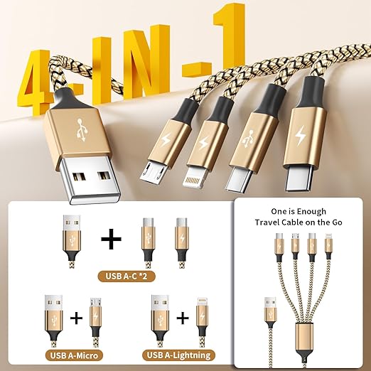 Travel Essentials, Dual Type-C 4 in 1 Charging Cable 2 Pack 5FT Multi Charging Cables for All Devices,iPhone Charger Cord Adapter 2 USB-C/IP/Micro Port for Phones,Pad,Galaxy (Gold)