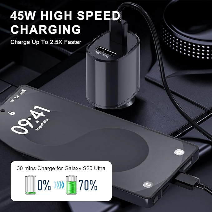 Super Fast Dual Car Charger (45W+15W) Dual Ports USB-C & USB-A White 6.6ft Cable for Samsung S25 S24 S23 S22- Black