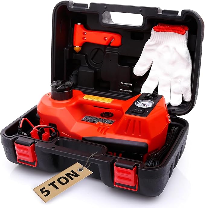 STANDTALL Electric Car Jack Quick Lifting Safe and Portable with Tire Inflator and LED Light Complete Set of Accessories 12V Hydraulic Floor Jack