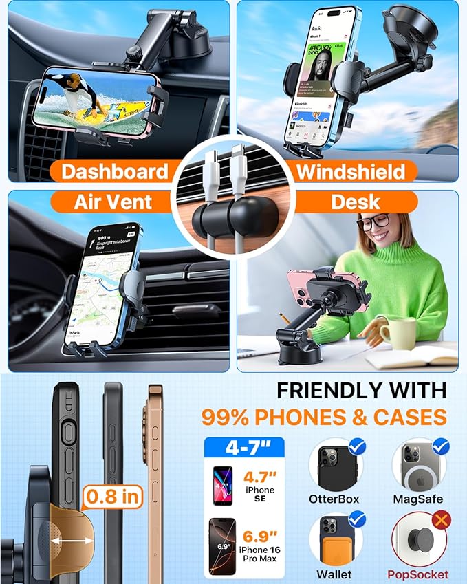 2026 Ultimate Best【True Military-Grade & Safety Cert】Car Phone Holder【Upgraded 360 Rotation & 100+LBS Strongest Suction】5-in-1 Truck Windshield Dashboard Vent Mount Stand for iPhone Android,Deep Black