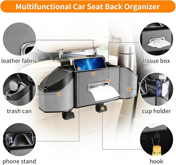 7-in-1 Multifunctional Car Seat Back Organizer, Car Back Seat Storage Box Trash Can & Cup Holder with Tissue Box, Hooks, Universal Fit for Most Cars, SUVs, Trucks (Grey)