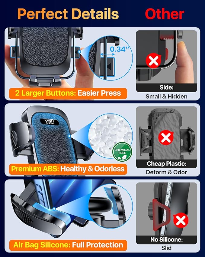 YRU [True Upgrade for Safety] Car Phone Holder Mount [Patent & Military-Grade] Dashboard Cell Phone Holder for Car Vent Windshield Phone Stand for iPhone 17 16 15 14 13 Pro Max Truck Samsung, Black