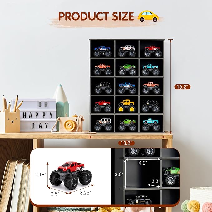 Trucks Display Shelf, 15 Slot Toy Cars Display Case, Wall Mounted Toy Truck Storage Organizer Holder, Black