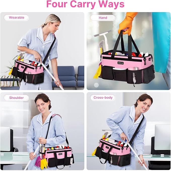 Large Wearable Cleaning Caddy Bags,Cleaning Supplies Storage Bag with Handles and Adjustable Shoulder Strap and Removable Waist Straps,Waterproof Cleaning Bags for Home,Car,Office (Pink)