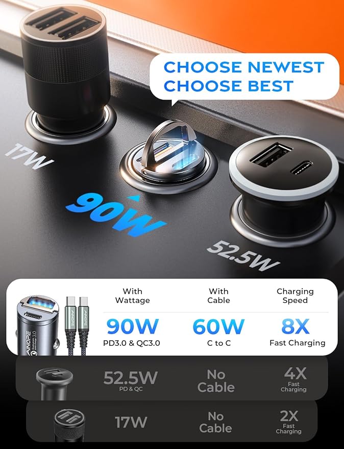 AINOPE 90W for Phone 17/16/15 Pro Max Car Charger USB C Fast Chage, [Mini&Metal] Invisible Cigarette Lighter Adapter with 3FT USB C to C Cable for iPhone 17/17 Pro/17e/16/15 Pro Max/Plus/16e, Kids