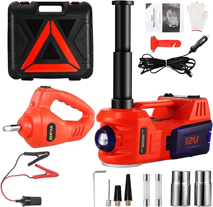 Electric Car Jack Kit 5 Ton 12V Floor Jack with Impact Wrench and Tire Inflator Pump Portable Hydraulic Car Jack for SUV Sedans Tire Change with LED Light, Lifting Height 6 to 17.7 Inch
