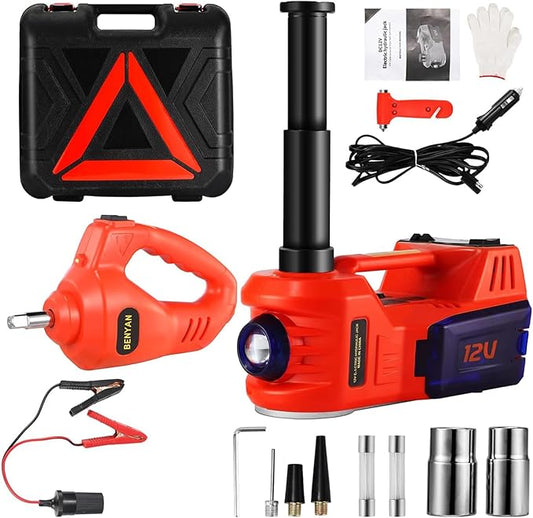 Electric Car Jack Kit 5 Ton 12V Floor Jack with Impact Wrench and Tire Inflator Pump Portable Hydraulic Car Jack for SUV Sedans Tire Change with LED Light, Lifting Height 6 to 17.7 Inch