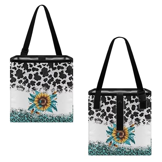 Cowhide Leopard Sunflower Car Trash Can Leak Proof Auto Trash Bag Hanging Vehicle Garbage Can Multipurpose Storage Container for Back Seat Car Accessories