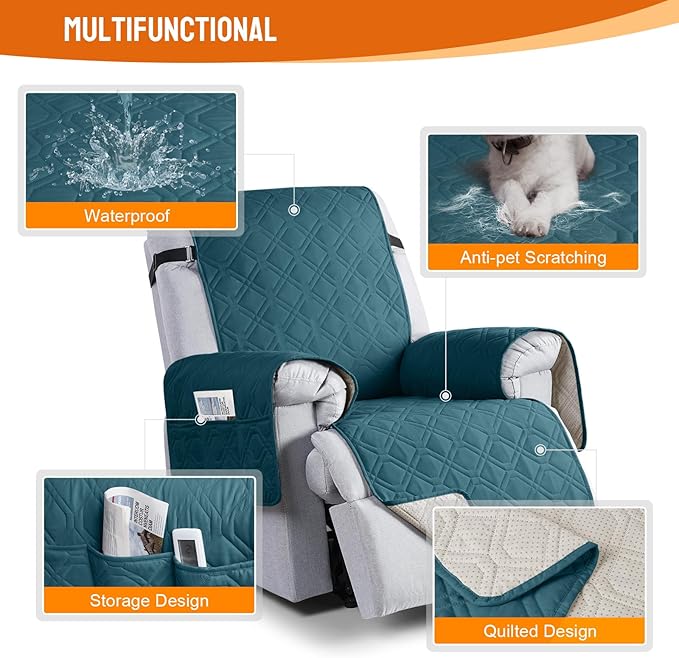 VANSOFY 100% Waterproof Recliner Chair Covers, Recliner Cover Non-Slip Dog Chair Cover Furniture Protector Washable Slipcover with Pocket, Elastic Straps for Pets, Dogs(Peacock Blue, 25")