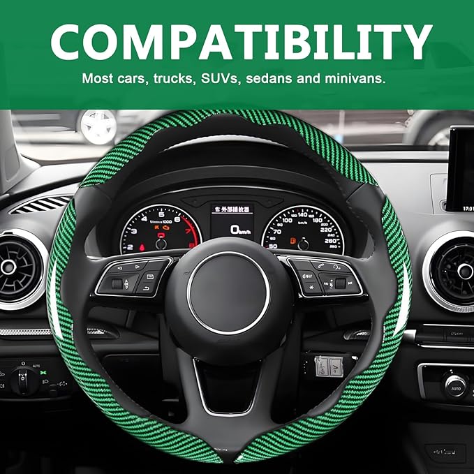 3pcs Universal Carbon Fiber Steering Wheel Cover - Anti-Slip & Segmented Design, Universal 99% Durable Steering Wheel Protector for Men and Women, Car Interior Accessory (Green)
