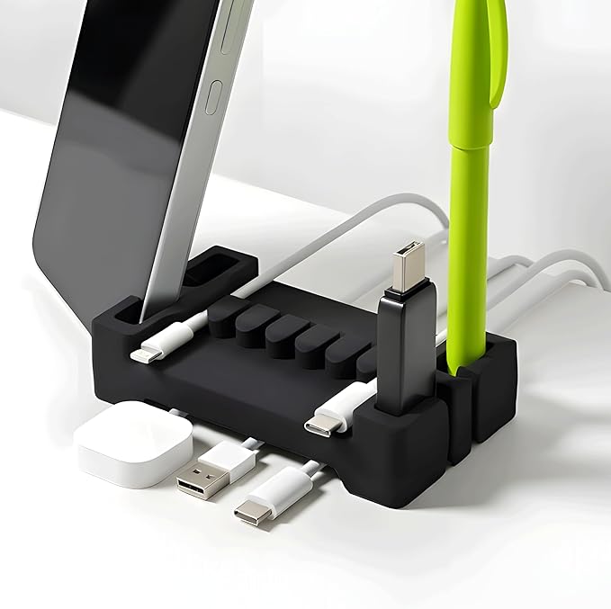 DeskBrick Silicone + Steel-Weighted Cord Holder for Desk. Weighted Cord Organizer & Cable Management for Desktop. Useful Phone Accessory & Cable Holder for Office, Home. No Adhesive. Black