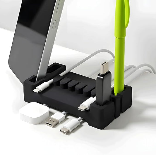 DeskBrick Silicone + Steel-Weighted Cord Holder for Desk. Weighted Cord Organizer & Cable Management for Desktop. Useful Phone Accessory & Cable Holder for Office, Home. No Adhesive. Black