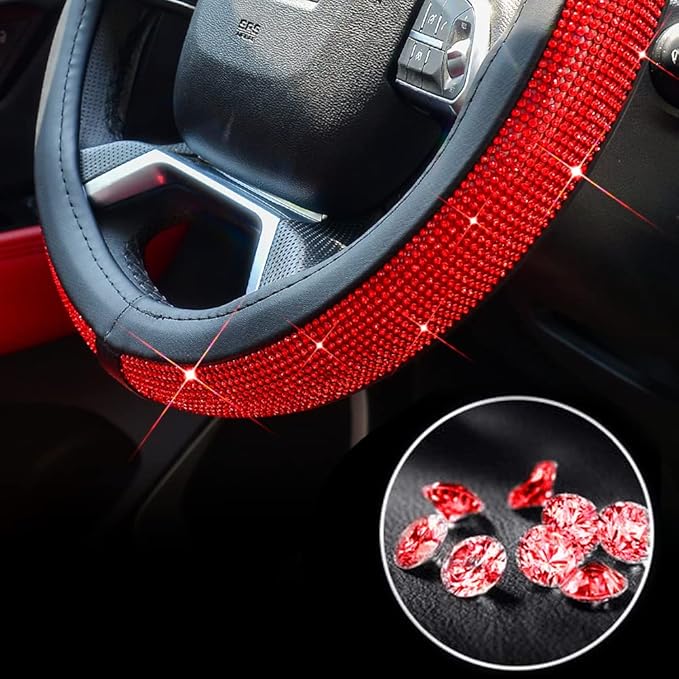 ChuLian New Diamond Leather Steering Wheel Cover with Bling Bling Crystal Rhinestones, Universal Fit 15 Inch Car Wheel Protector for Women Girls Red Diamond