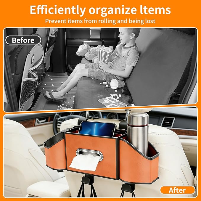 7-in-1 Multifunctional Car Seat Back Organizer, Car Back Seat Storage Box Trash Can & Cup Holder with Tissue Box, Hooks, Universal Fit for Most Cars, SUVs, Trucks (Orange)