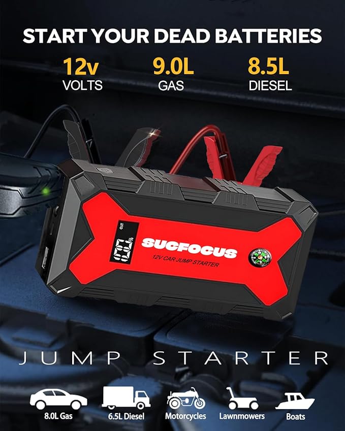 Car Battery Jump Starter, 4000A Battery Jumper Starter Portable (for 9.0L Gas or 7.0L Diesel Engine), Jump Box, Jump Starter Battery Pack with Jumper Cable, LED Light, USB QC3.0 (Red)