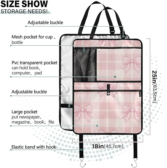 Pink Bows Backseat Organizer 2 Pack Kick Mats with Pockets Backseat Protector Seat Covers for Car Storage Travel Accessories