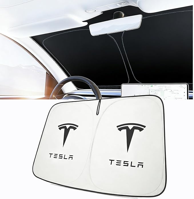 Windshield Sunshade for Tesla Model 3 & Model Y, Digital Printed Double-Sided Fabric Sun Visor, Silver Outside Black Inside UV Block Sunshade Compatible with 2017-2026 Model 3 2021-2026 Model Y