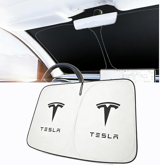 Windshield Sunshade for Tesla Model 3 & Model Y, Digital Printed Double-Sided Fabric Sun Visor, Silver Outside Black Inside UV Block Sunshade Compatible with 2017-2026 Model 3 2021-2026 Model Y