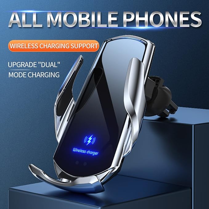 Wireless Car Charger Automotive Electric Induction 15W Wireless Charger Car Vent Mount Bracket Fast Charging Auto-Clamping Car Phone Holder Mount Air Vent Phone Holder Silver…