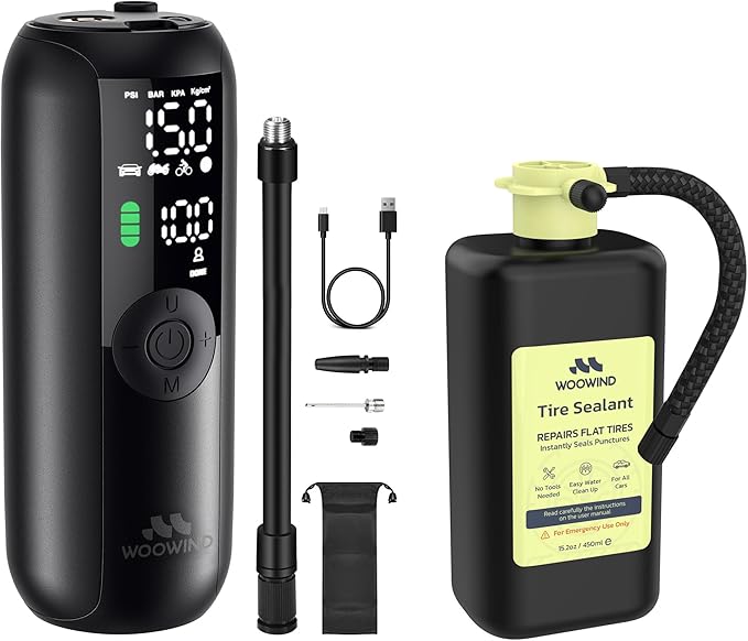 Woowind Tire Repair Kit with Tire Sealant & Portable Tire Inflator, 150 PSI Cordless 12V DC Bike Pump, Emergency Air Pump for Tires with LED Display & Light for SUV Offroad Truck Bike Motorcycle