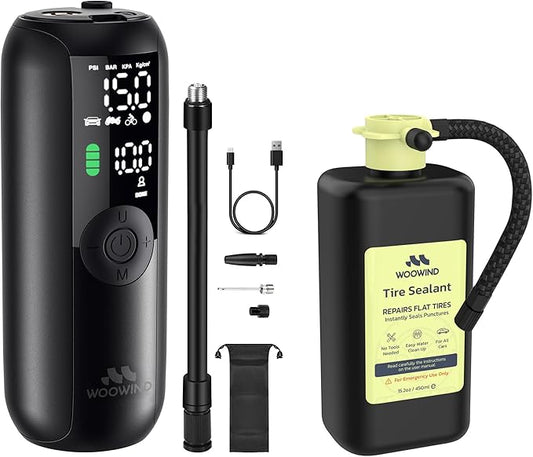 Woowind Tire Repair Kit with Tire Sealant & Portable Tire Inflator, 150 PSI Cordless 12V DC Bike Pump, Emergency Air Pump for Tires with LED Display & Light for SUV Offroad Truck Bike Motorcycle