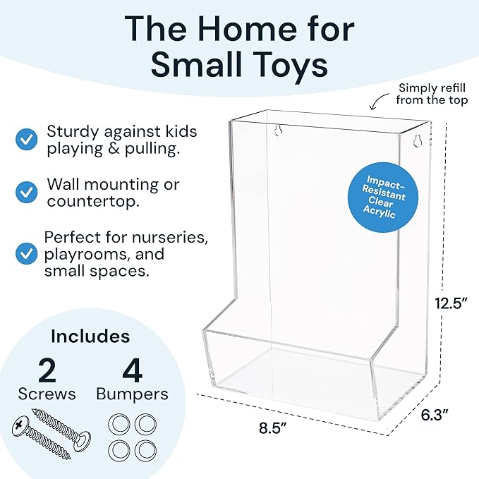 Single Acrylic Toy Dispenser for Kids - High-Volume Toy Foam Blasters, Car & Building Block Storage Bin - Wall Mount or Countertop Clear Hanging Organizer for Nursery & Playroom