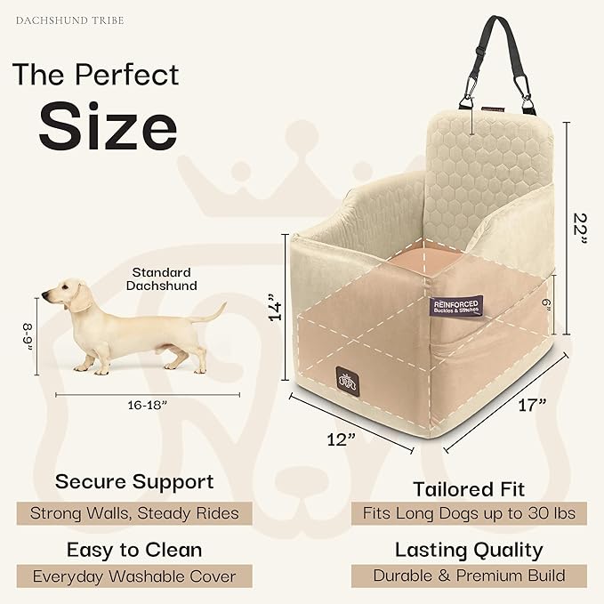 Dog Car Seat for Small Dogs, Dachshund Car Seat Booster Bed for Small Breeds – Non-Slip Base, Adjustable Straps, Washable Cover (Small Size Cream)