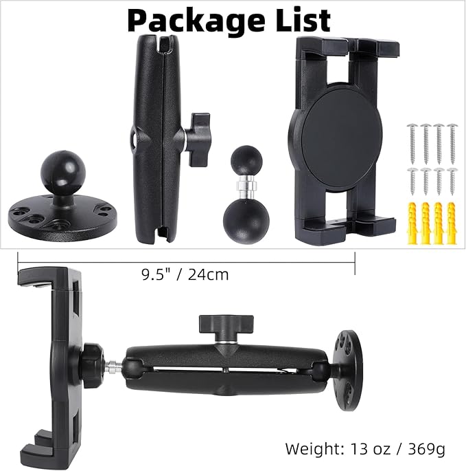 Dashboard Mount Tablet Holder for Truck, Heavy Duty Drill Base with Aluminum Arm Tablet Mount for Car, Wall, Boat, Desk, Compatible with iPad Pro Air Mini, 4.7-12.9″ Tablets and Phones (PTM-27)
