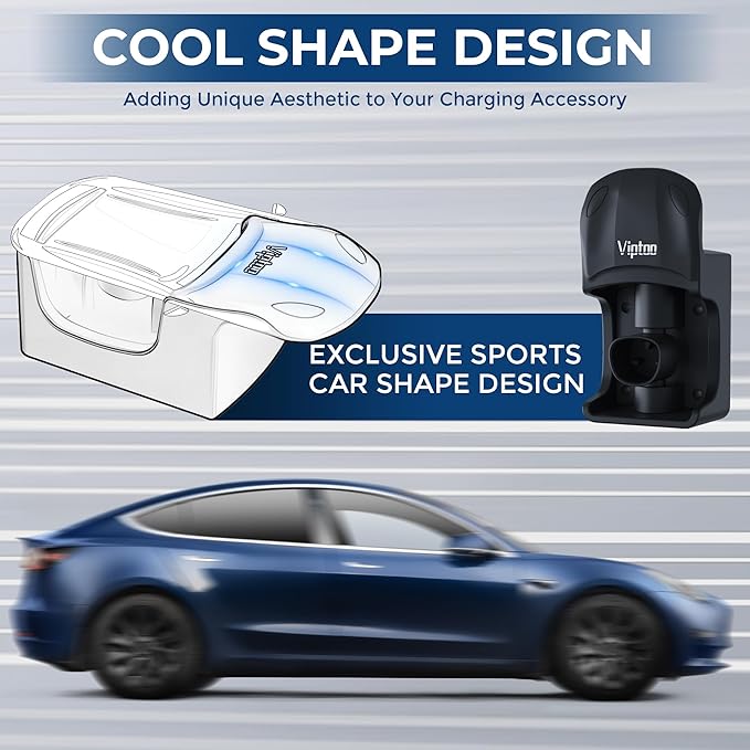 VIPTOO Tesla Charger Wall Mount Holder, Charging Cable Organizer with 180° Rotation for Model 3/Y/S/X, Unique Sports Car Design