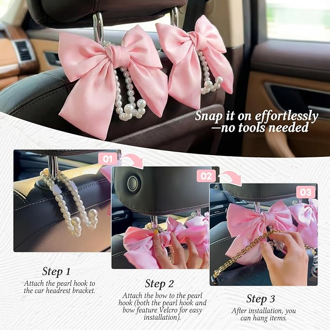 2PCS Satin Bow Pearl Car Seat Headrest Hooks – Car Bag Holder & Vehicle Hanger for Purses – Cute Coquette Aesthetic Interior Decoration – Cute Auto Organizer Accessories Universal for SUV, Truck(Pink)
