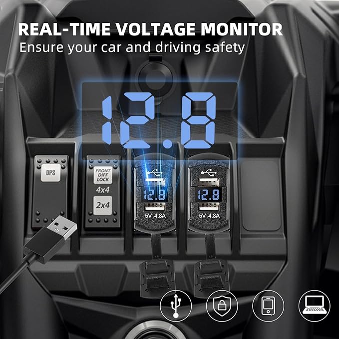 Anina Rocker Switch Style Dual USB Car Charger Port, 12V-24V Waterproof USB Socket with Blue LED Voltmeter, 4.8A USB Outlet Replacement for Marine Toggle Switch Panel on Boat Truck SUV RV UTV