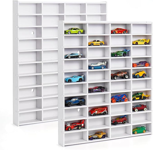2 Pack Toy Car Display Shelf, Holds 80 Diecast 1/64 Toy Cars, Wall Mount Model Car Storage Organize Case, White