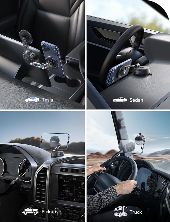 JOYROOM Car Mount for iPhone, [Tri-Fold] MagSafe iPhone Car Mount, [Suction Pro+Gel Base] 360° Rotation iPhone Car Holder, Strong Magnet for iPhone 17 Pro Max and Other Series[Not for Charging]