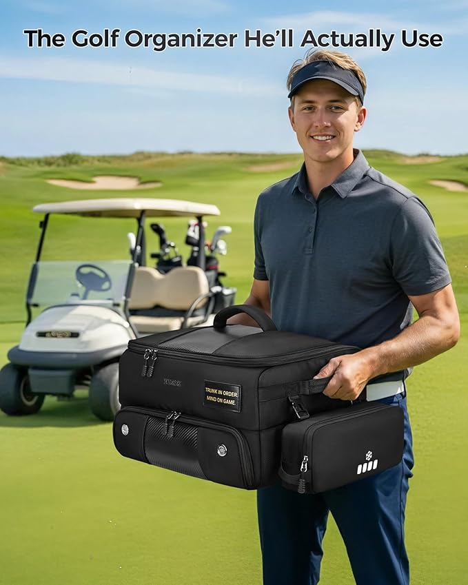 YOREPEK Upgraded Golf Trunk Organizer, Golf Gifts for Men, with Removable Insulated Pouch&Dust-Proof Protective Layer, Multi-Compartment fits 2 Pairs of Shoes, Golf Accessories