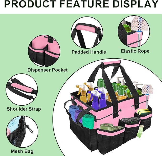 Large Cleaning Caddy Bags, Cleaning Caddy for Cleaning Supplies, Caddy Organizer with Handle & Adjustable Shoulder, Cleaning storage Bags for Housekeepers, Home, Car (Pink)
