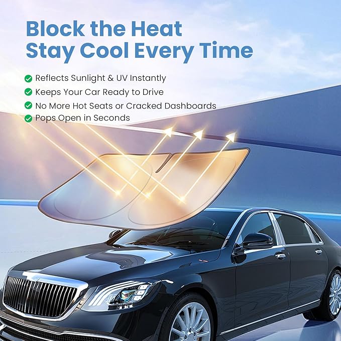 Windshield Sun Shade for GMC Sierra 1500 2500 3500 (SLT AT4 Denali) 2019-2026 – Custom Fit Sun Shield with Mirror Cut‑Out, Blocks Heat & UV, Foldable - GMC Sierra Windshield Sunshade