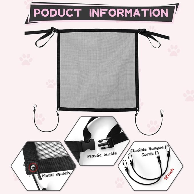 Dog Car Net Barrier, Universal Fit Sturdy Mesh, Convenient for Air Conditioning, Easy to Clean & Install, Travel Dog Fence with Flexible Bungee Cords for Seat Movement 23"×23" (Black)
