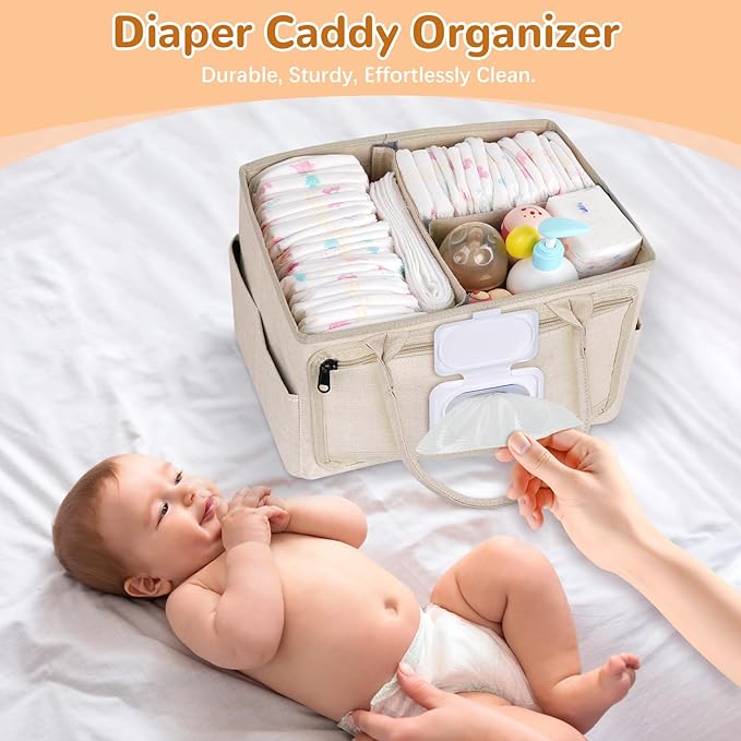 Diaper Caddy with Wipe Dispenser One-Handed Access, Premium Diaper Organizer, Portable Car Organizer Nursery Basket for Newborn Essentials, Baby Registry Must Haves for Boys & Girls, Beige