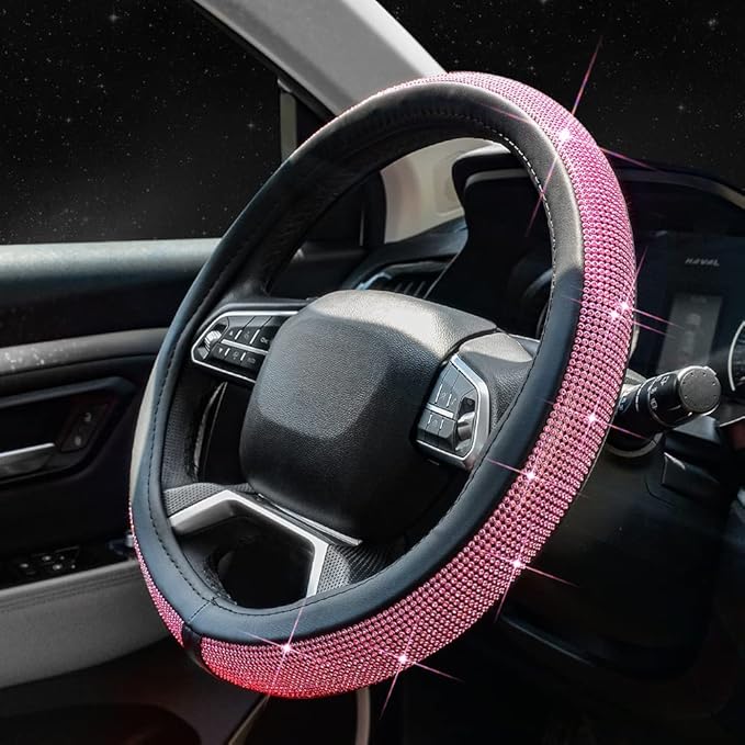 ChuLian New Diamond Leather Steering Wheel Cover with Bling Bling Crystal Rhinestones, Universal Fit 15 Inch Car Wheel Protector for Women Girls Pink Diamond